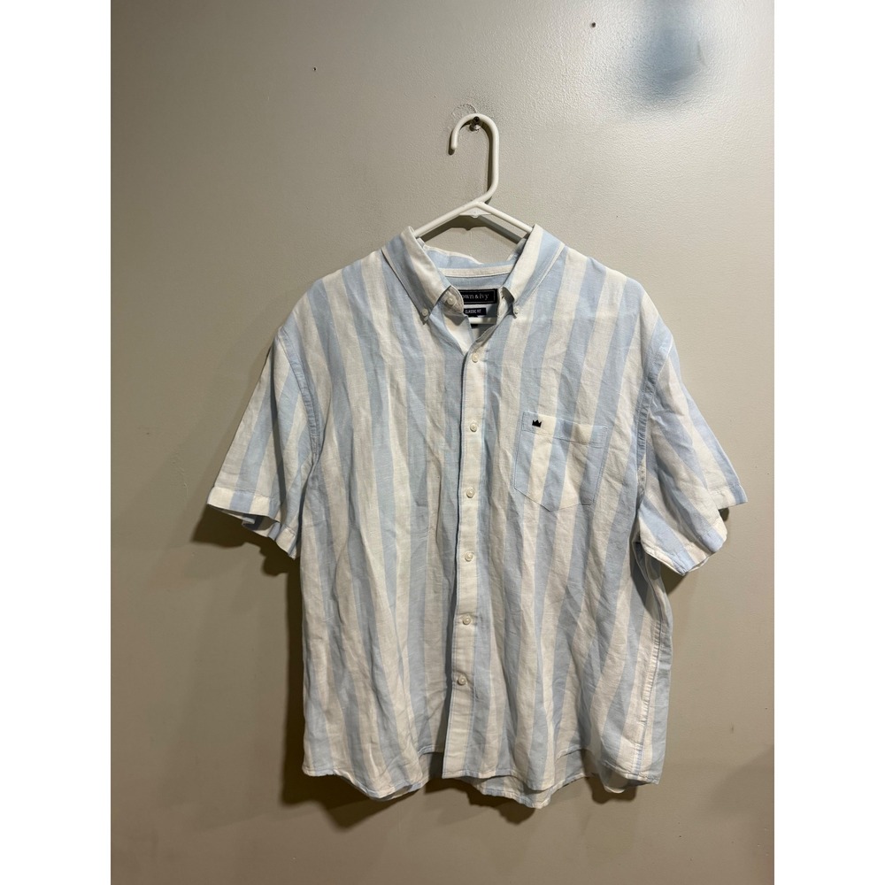 Crown & Ivy Mens XL Blue White Striped Linen Blend Short Sleeve Button Shirt